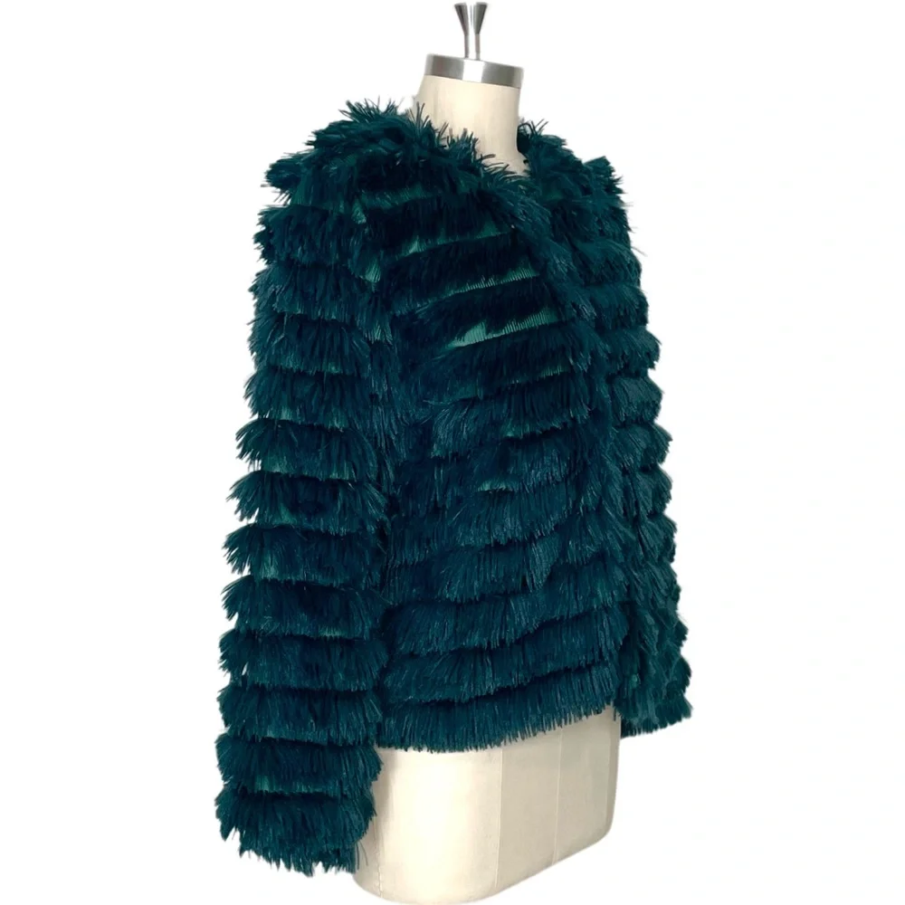 She + Sky Teal Faux Fur Fluffy Layered Jacket Size Medium NWOT